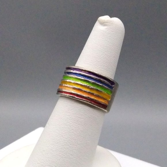Vintage Wide Rainbow Band Ring, Silver Tone with Enamel Channels - Picture 3 of 5